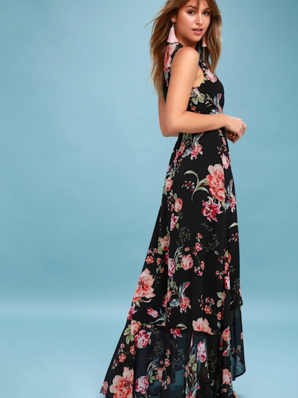 Lulus Tawny Black Floral Print Wrap Maxi Dress - Size Medium - Picture 2 of 11